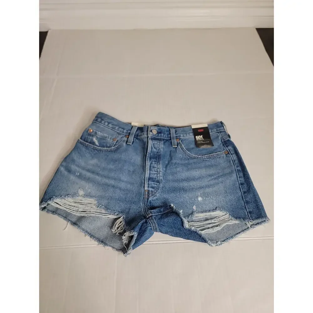 Levis Premium 501 Denim Shorts SZ 32 High Rise Button Fly Distressed Big E NEW